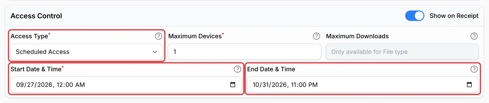 Access Control with Scheduled Access and the start and end dates highlighted