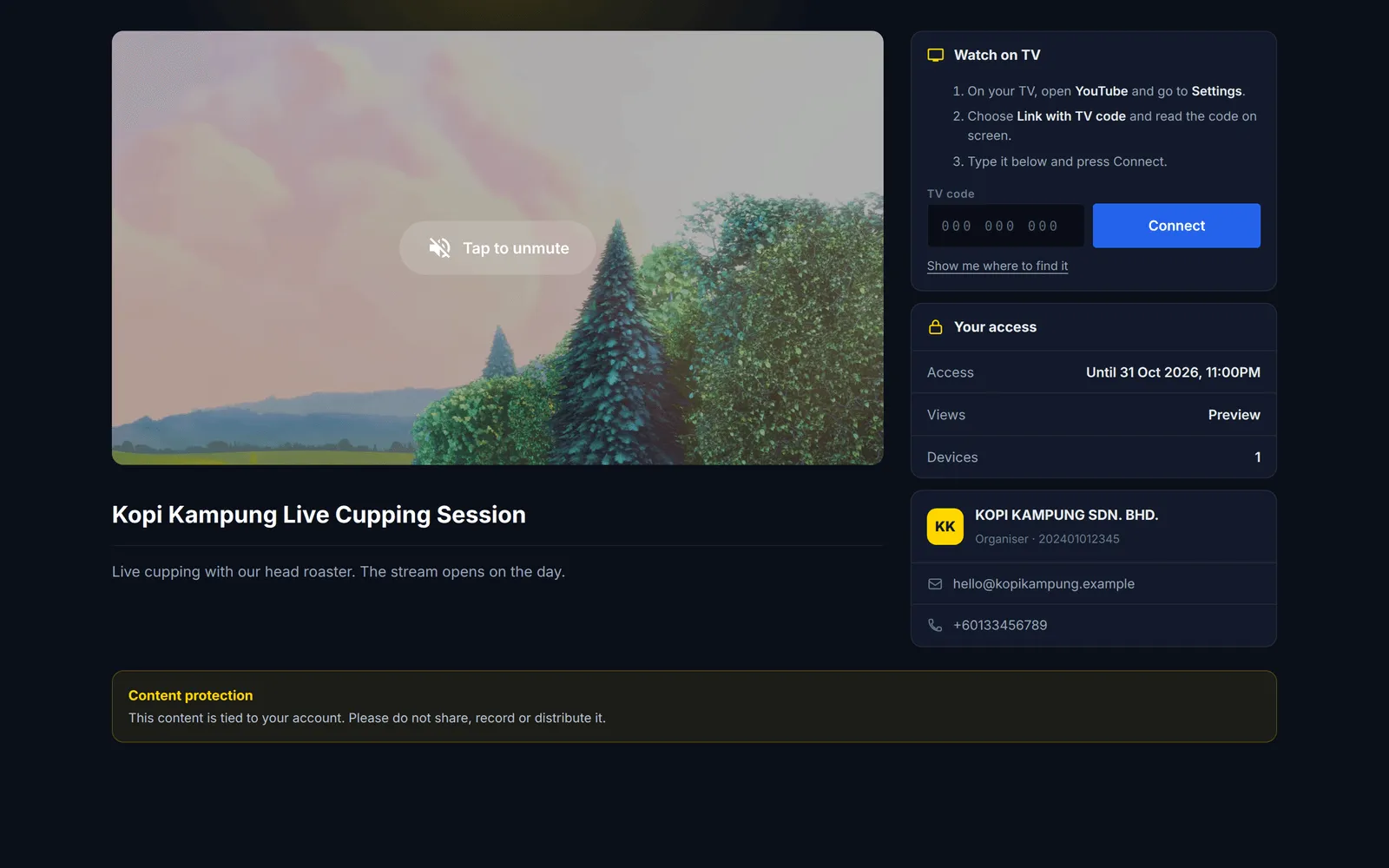 The Broadcast (Dark) stream page with the player, Watch on TV, the buyer’s access details and the organiser card