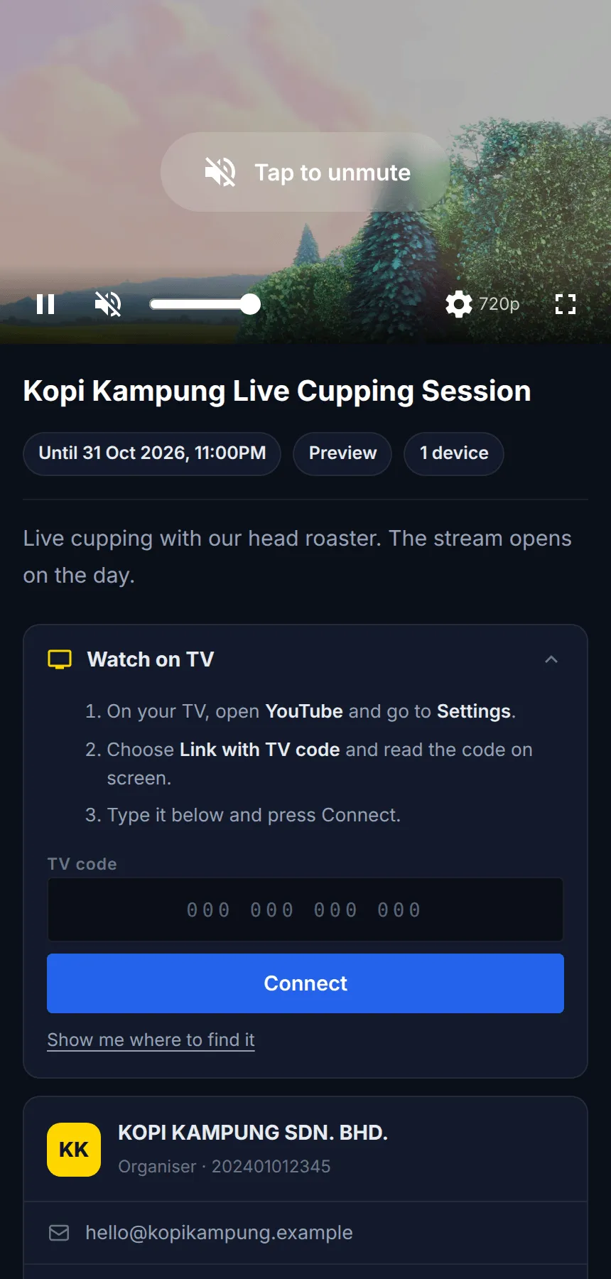 The stream page on a phone
