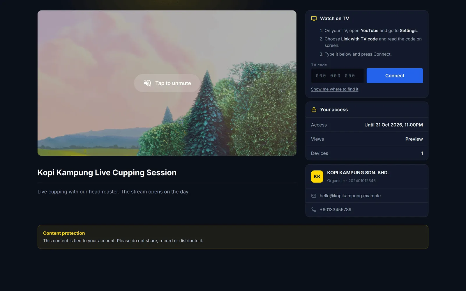 The stream page in the Broadcast (Dark) theme with the side panel