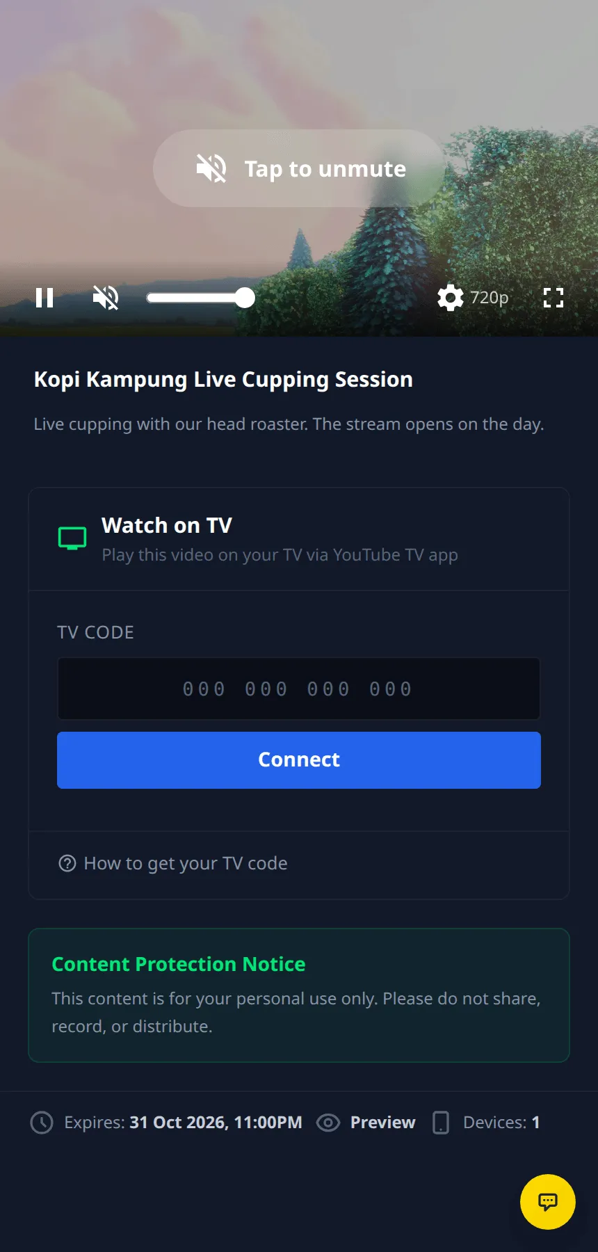 The Football (Dark) stream page on a phone, with the player at the top and the TV code box below