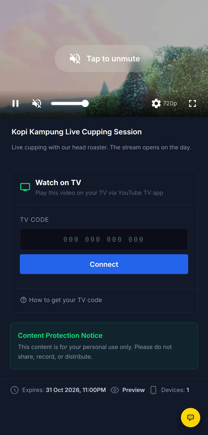 The Football (Dark) stream page on a phone, with the player at the top and the TV code box below