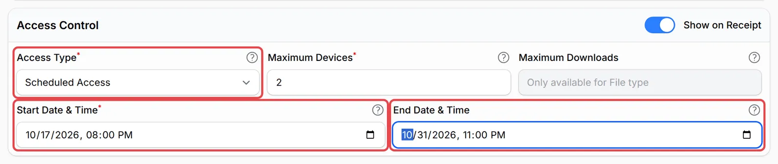 Access Type set to Scheduled Access with the Start Date & Time and End Date & Time fields highlighted
