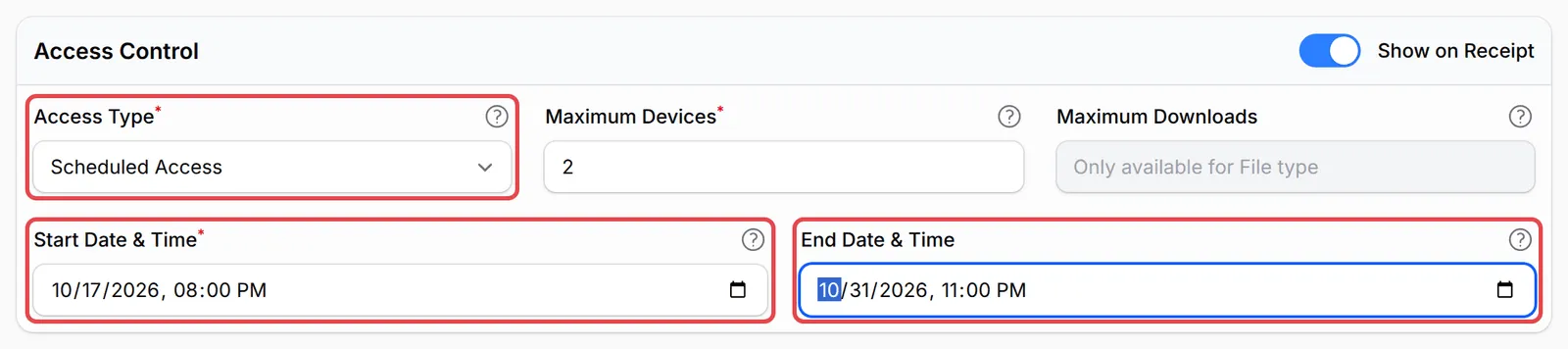 Access Type设为Scheduled Access，Start Date & Time和End Date & Time栏位已标示