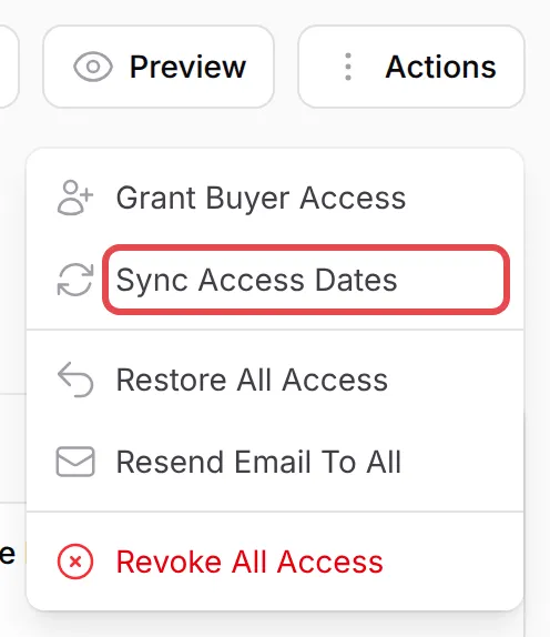 The Actions menu on the Customer Access page with Sync Access Dates highlighted