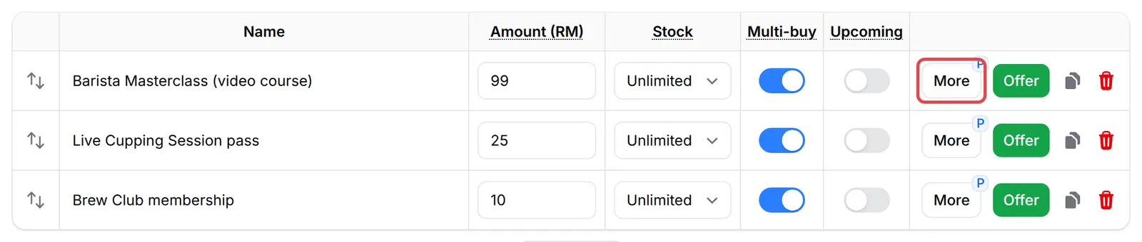 The List of Items on the Payment Details tab with the More button of the first item highlighted