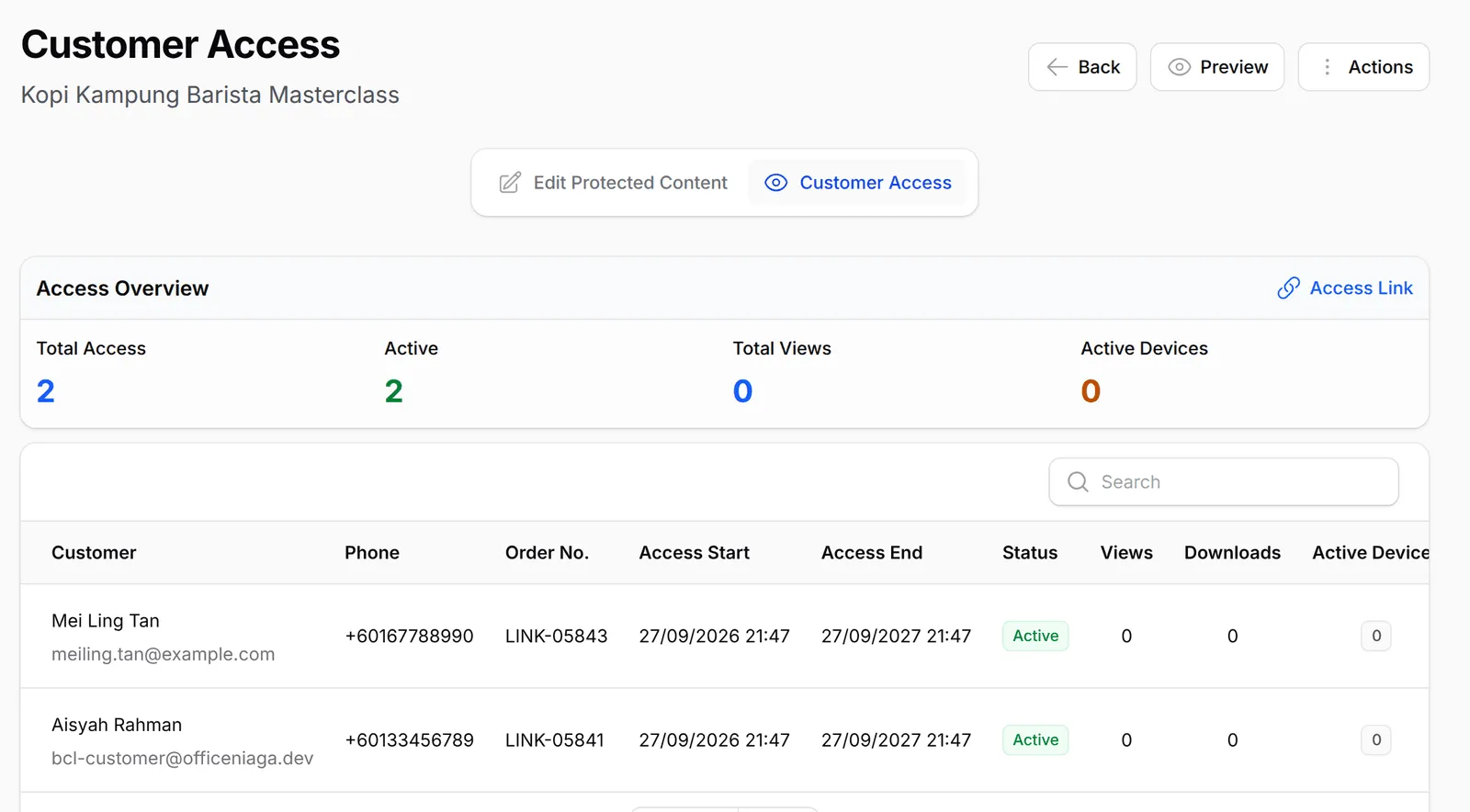 The Customer Access page with the access overview and two buyers