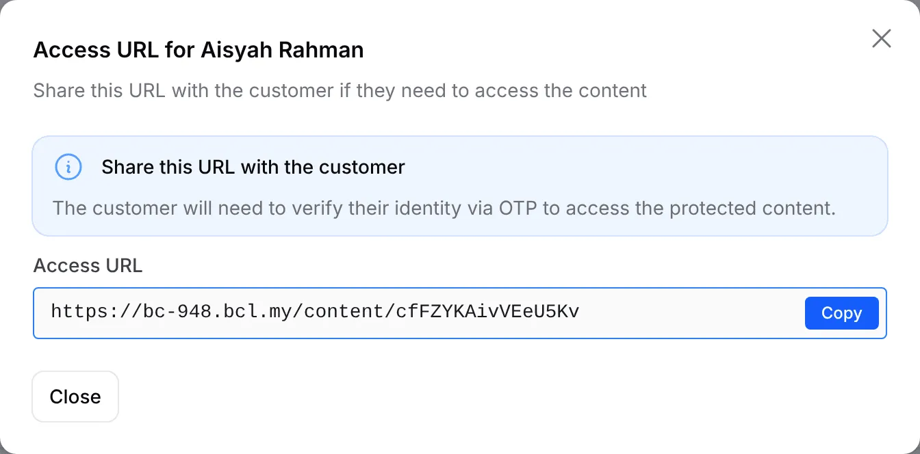 The Access URL window for a buyer with the link and a Copy button