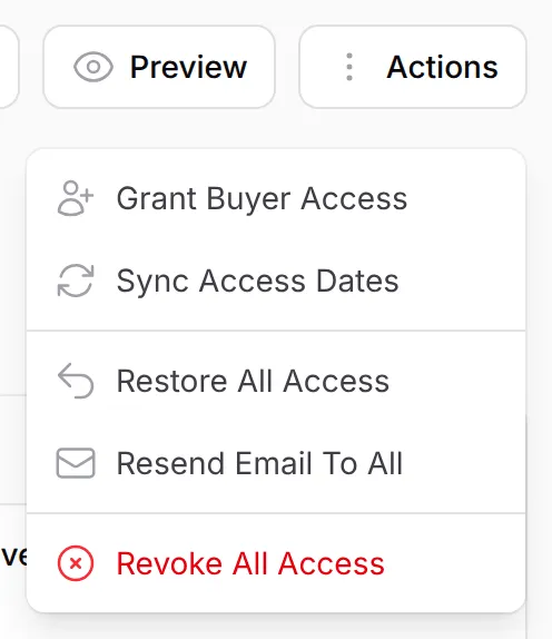 Actions菜单，显示Grant Buyer Access、Sync Access Dates、Restore All Access、Resend Email To All和Revoke All Access