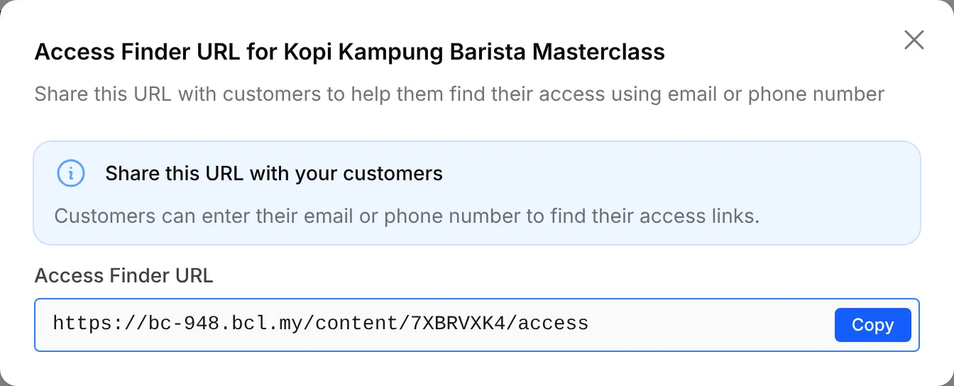 The Access Finder URL window with the link to share and a Copy button