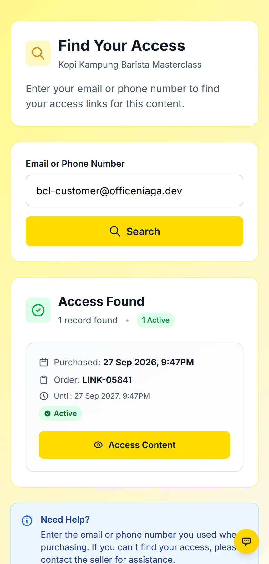 手机上的Find Your Access页面，显示为一个电邮地址找到一个有效的访问权限