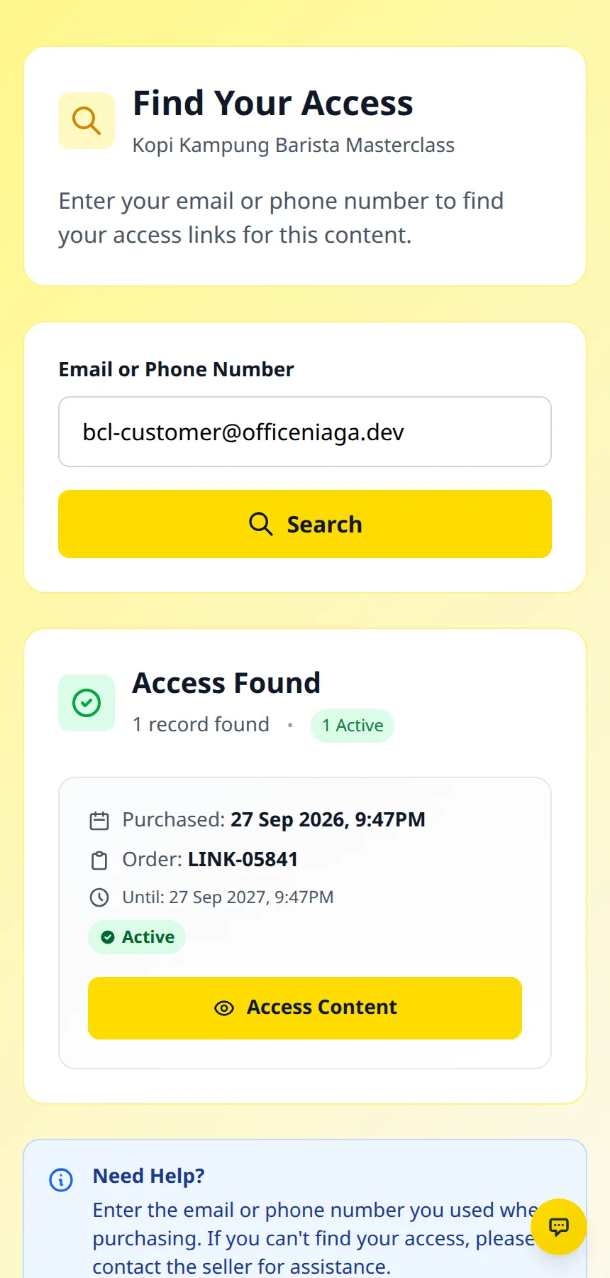 The Find Your Access page on a phone showing one active access found for an email address