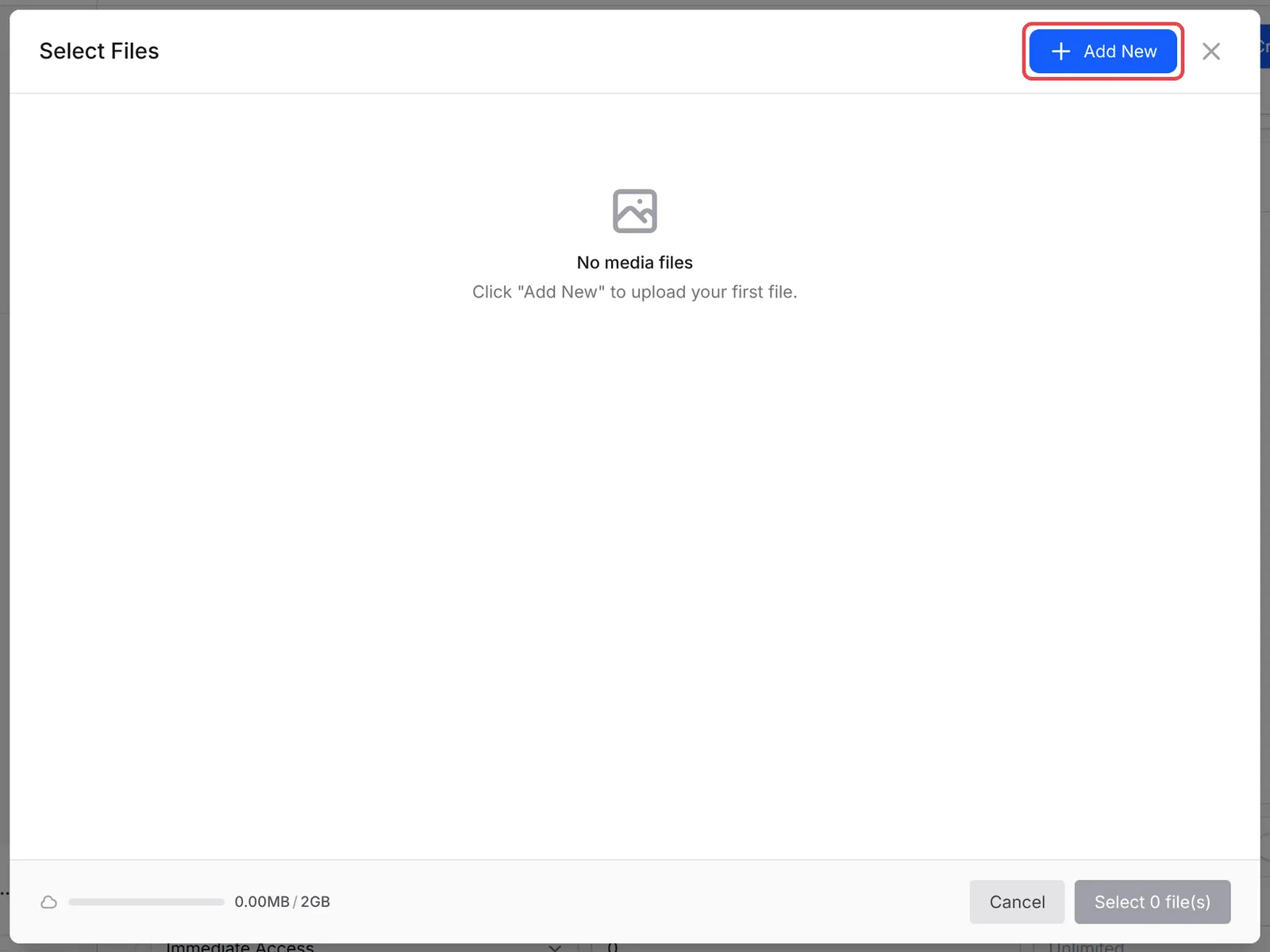 The Select Files window with the Add New button highlighted