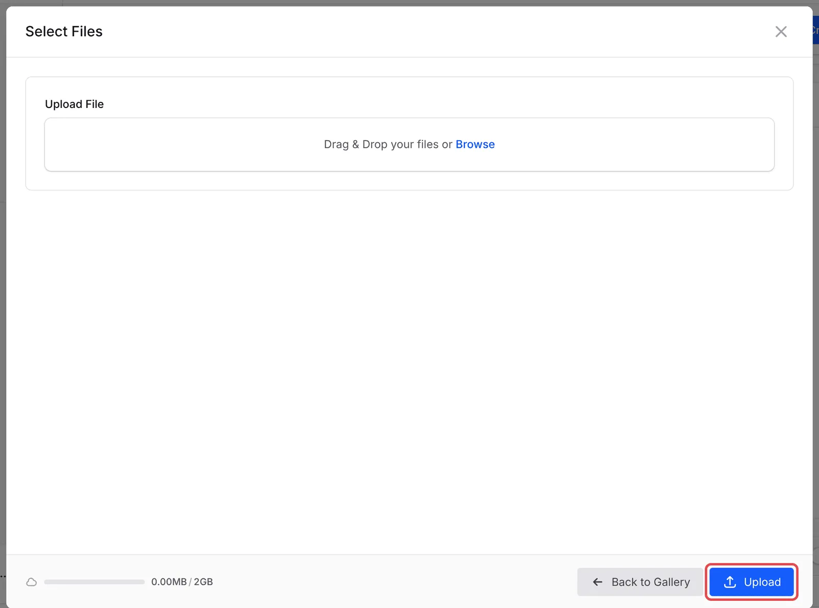 Select Files窗口的Upload File面板，Upload按钮已标示