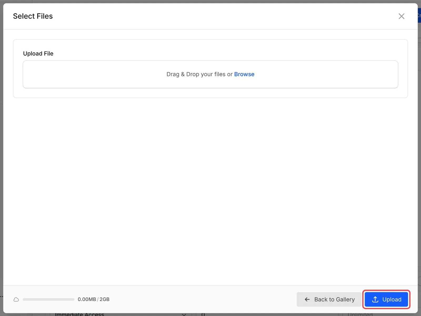 The Upload File panel of the Select Files window with the Upload button highlighted