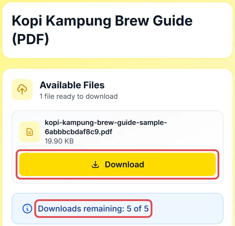 The buyer’s page with the file, its Download button and Downloads remaining highlighted