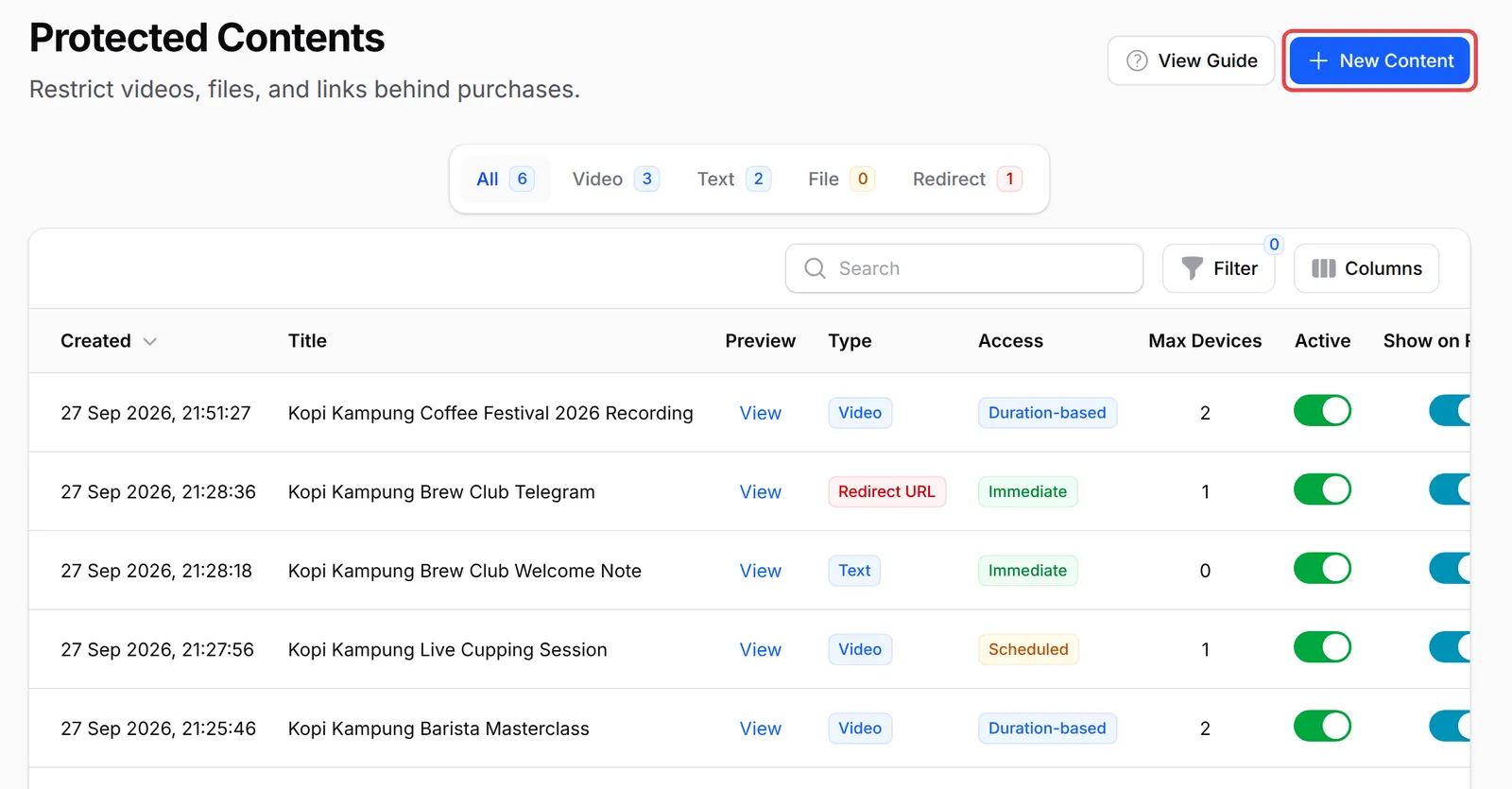 The Protected Content list with New Content at the top right