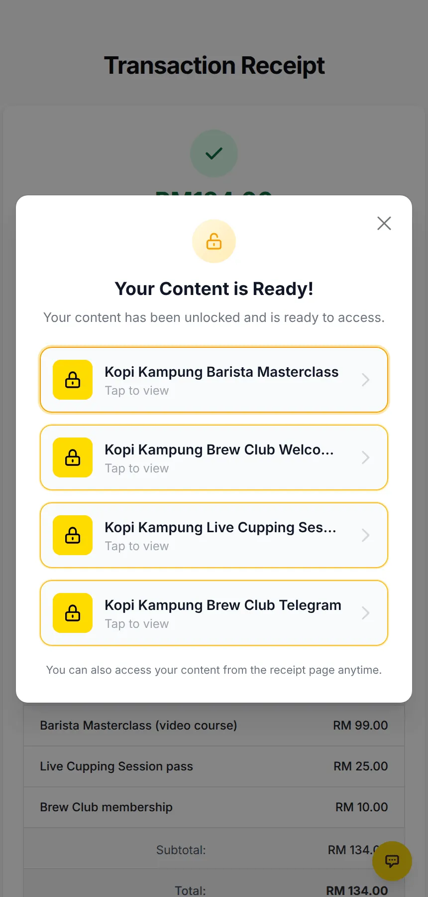 A receipt on a phone with the Your Content is Ready! window