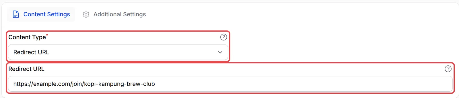 Content Type set to Redirect URL, with the Redirect URL field highlighted