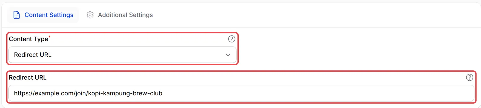 Content Type设为Redirect URL，Redirect URL栏位已标示