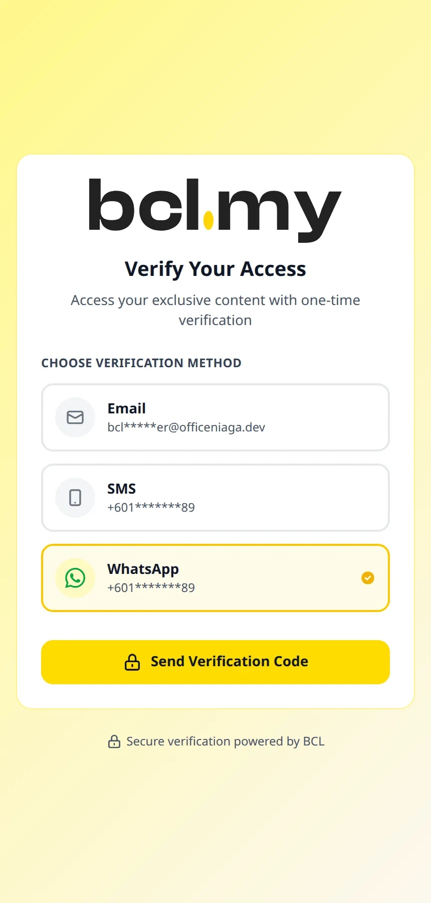 The Verify Your Access page on a phone, with Email, SMS and WhatsApp choices and the Send Verification Code button