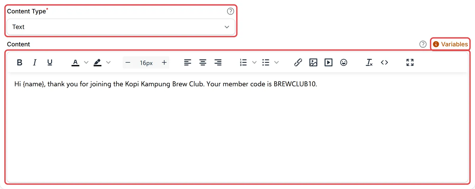 Content Type set to Text, with the Content editor and the Variables link highlighted