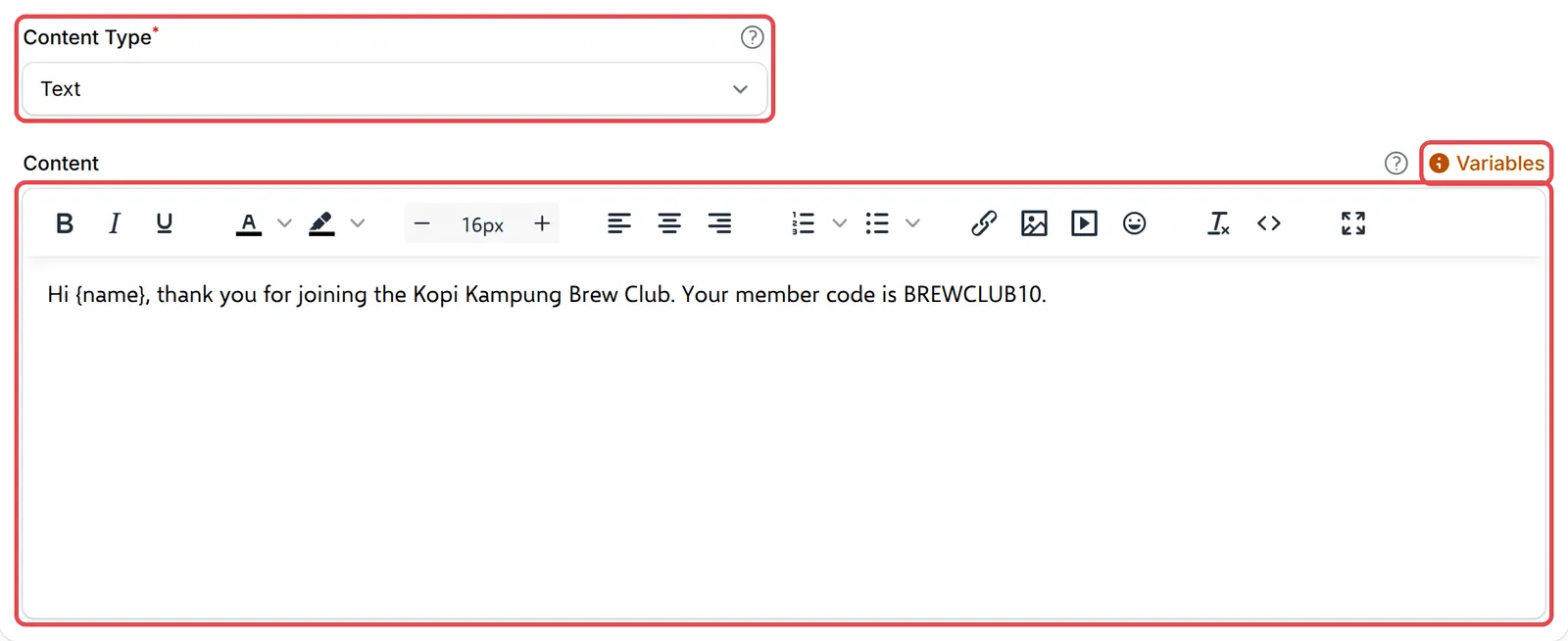 Content Type设为Text，Content编辑器和Variables链接已标示