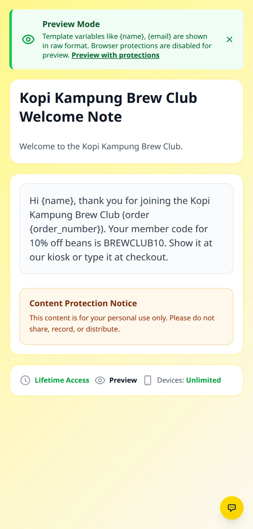 The preview of a text content on a phone, with the welcome note and a Lifetime Access label