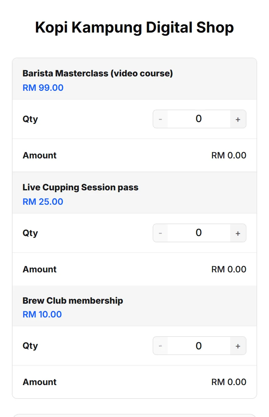 The Kopi Kampung Digital Shop payment form on a phone, listing the masterclass, the live cupping pass and the Brew Club membership