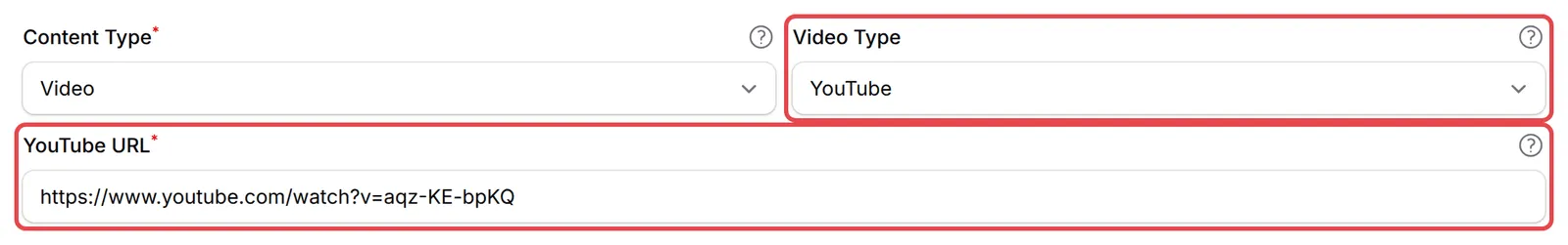 Content Type set to Video, with the Video Type and YouTube URL fields highlighted