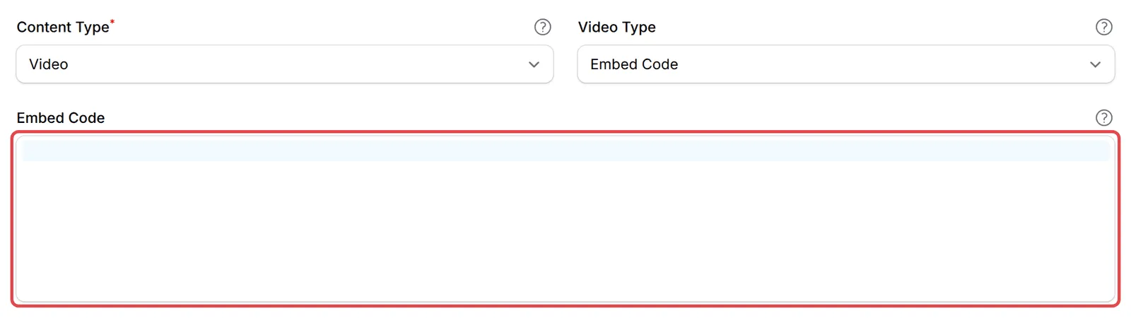Video Type为Embed Code时出现的Embed Code框