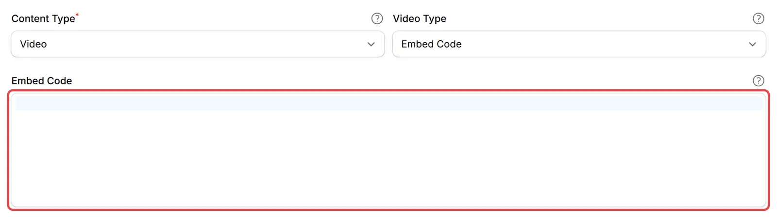 The Embed Code box shown when Video Type is Embed Code