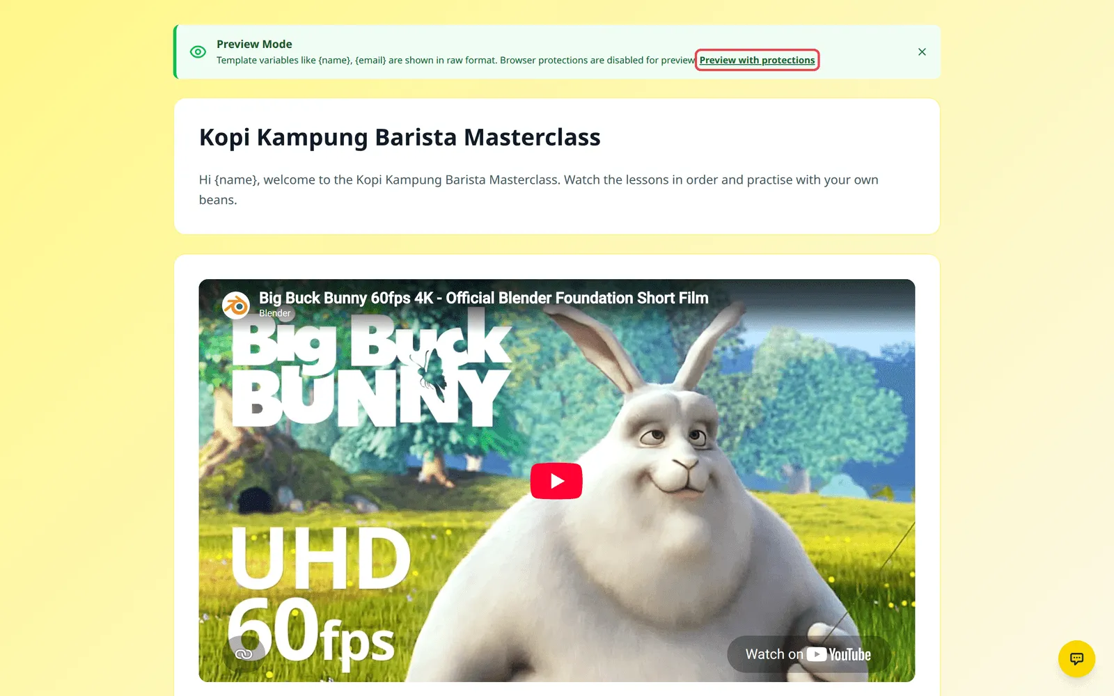 The preview of a protected video with the Preview Mode notice and the Preview with protections link highlighted
