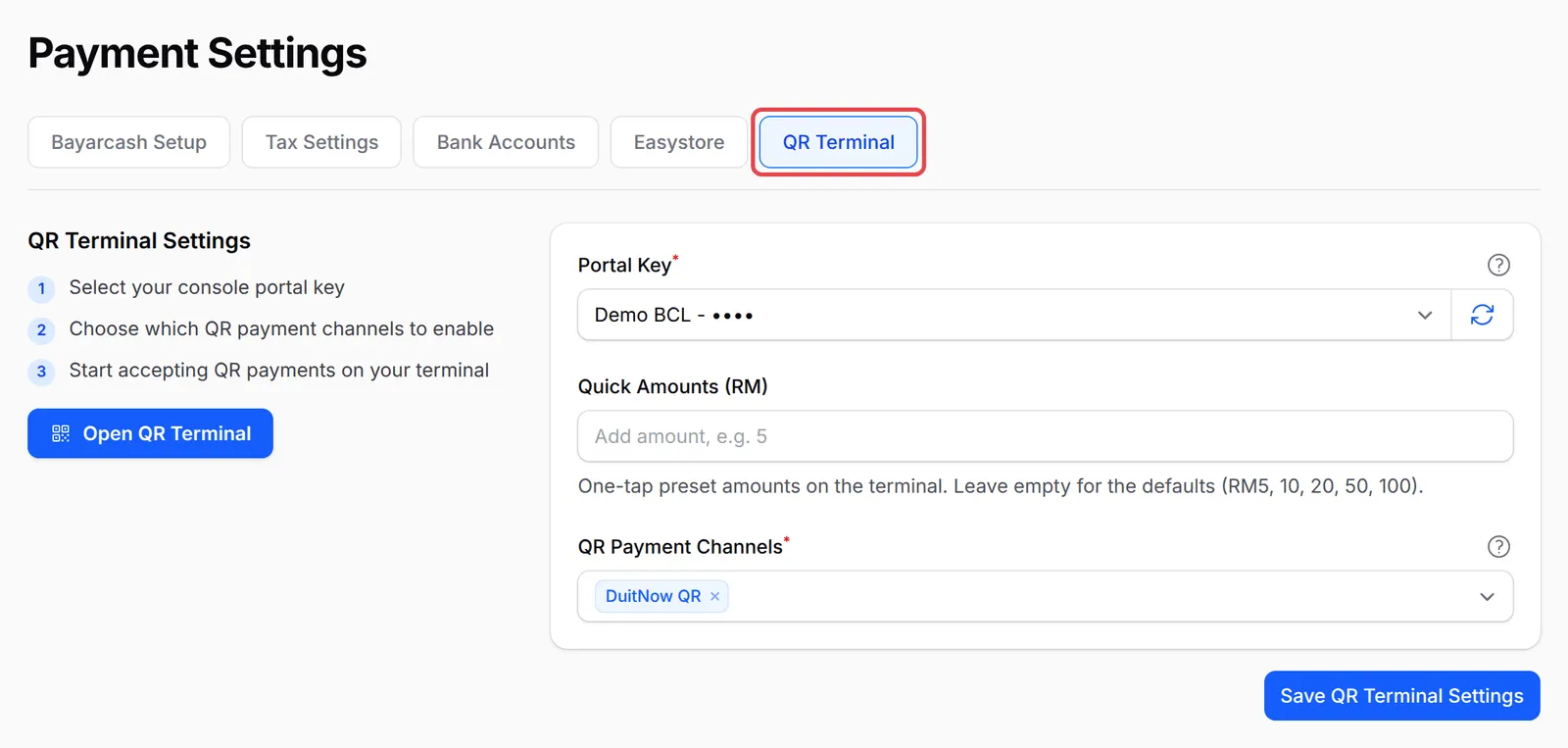Payment Settings里的QR Terminal标签页已标示