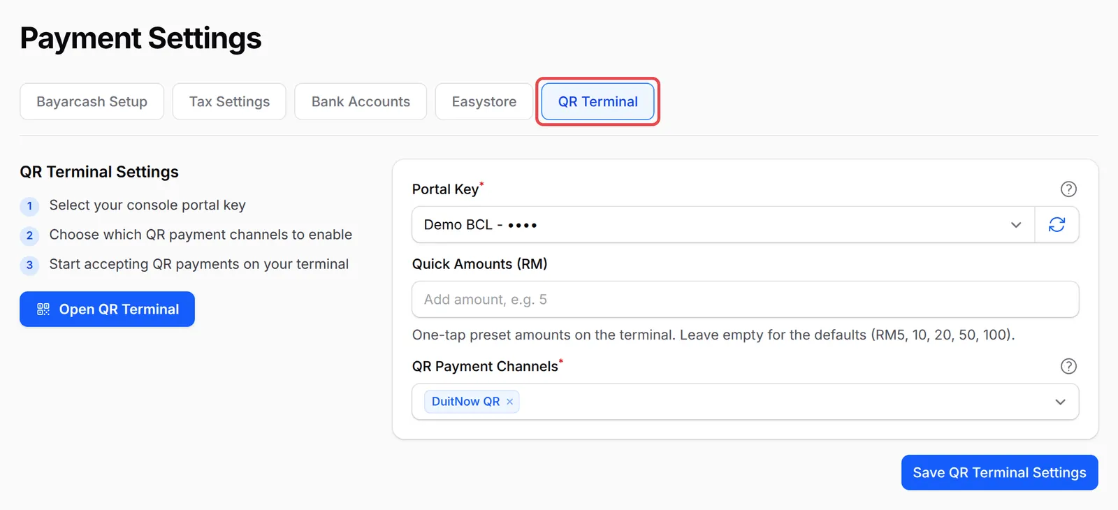 Tab QR Terminal dalam Payment Settings ditanda