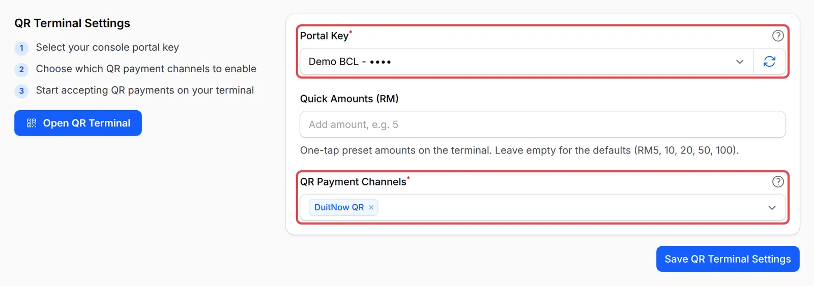 Portal Key栏已选一个portal,QR Payment Channels设为DuitNow QR,两者都已标示