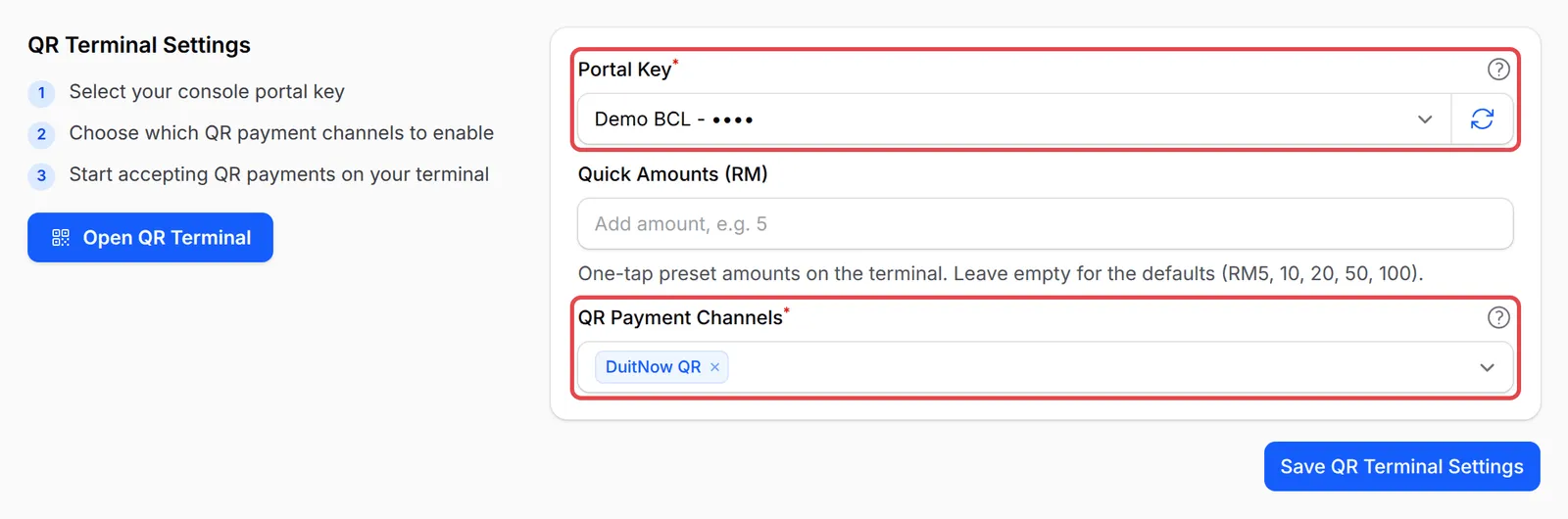 Ruangan Portal Key yang sudah ditetapkan kepada satu portal dan QR Payment Channels yang ditetapkan kepada DuitNow QR, kedua-duanya ditanda