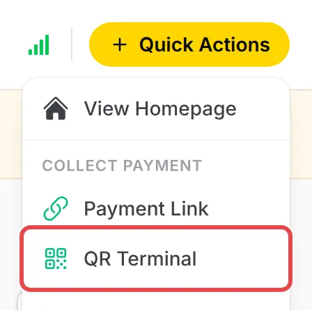 Menu Quick Actions dengan QR Terminal ditanda