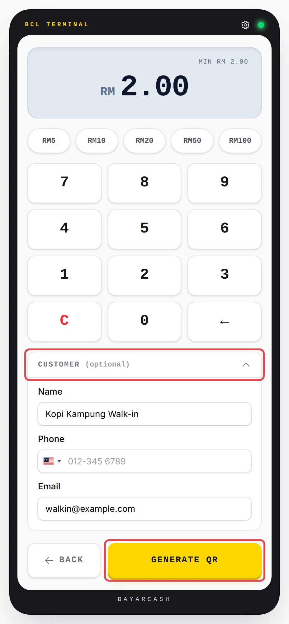Terminal dengan bahagian Customer (optional) yang sudah diisi dan butang GENERATE QR ditanda