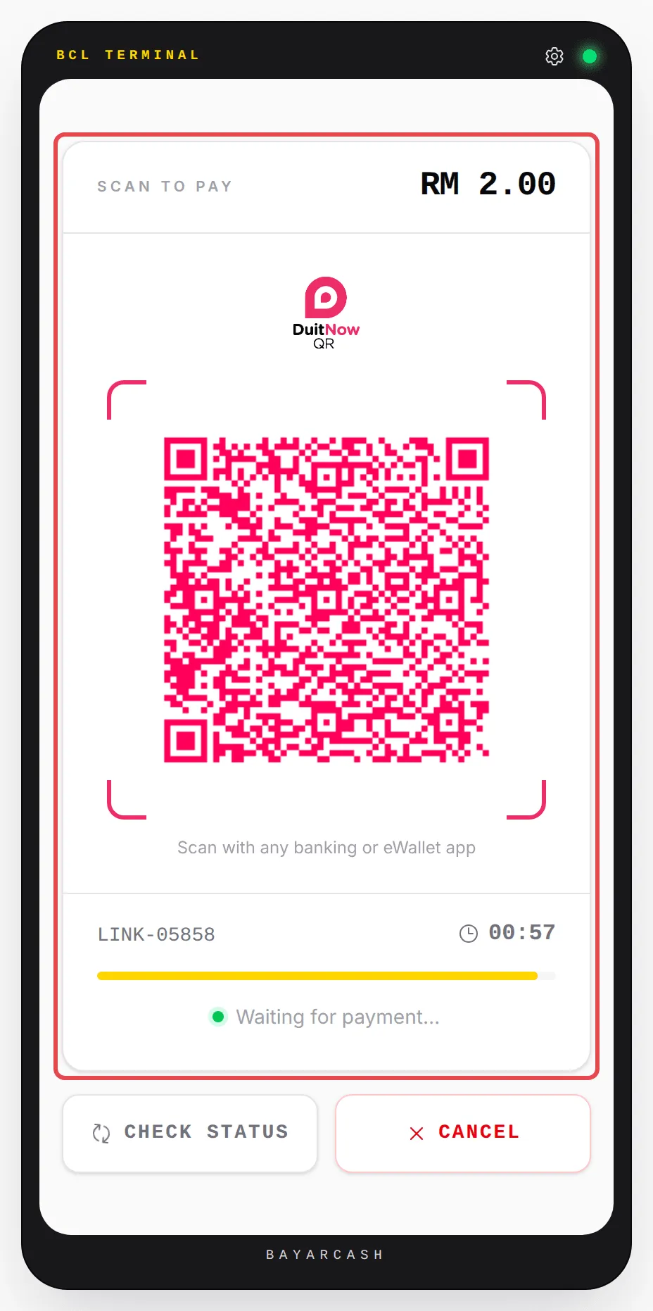 Skrin Scan to Pay dengan kod QR, nombor pesanan dan kiraan detik