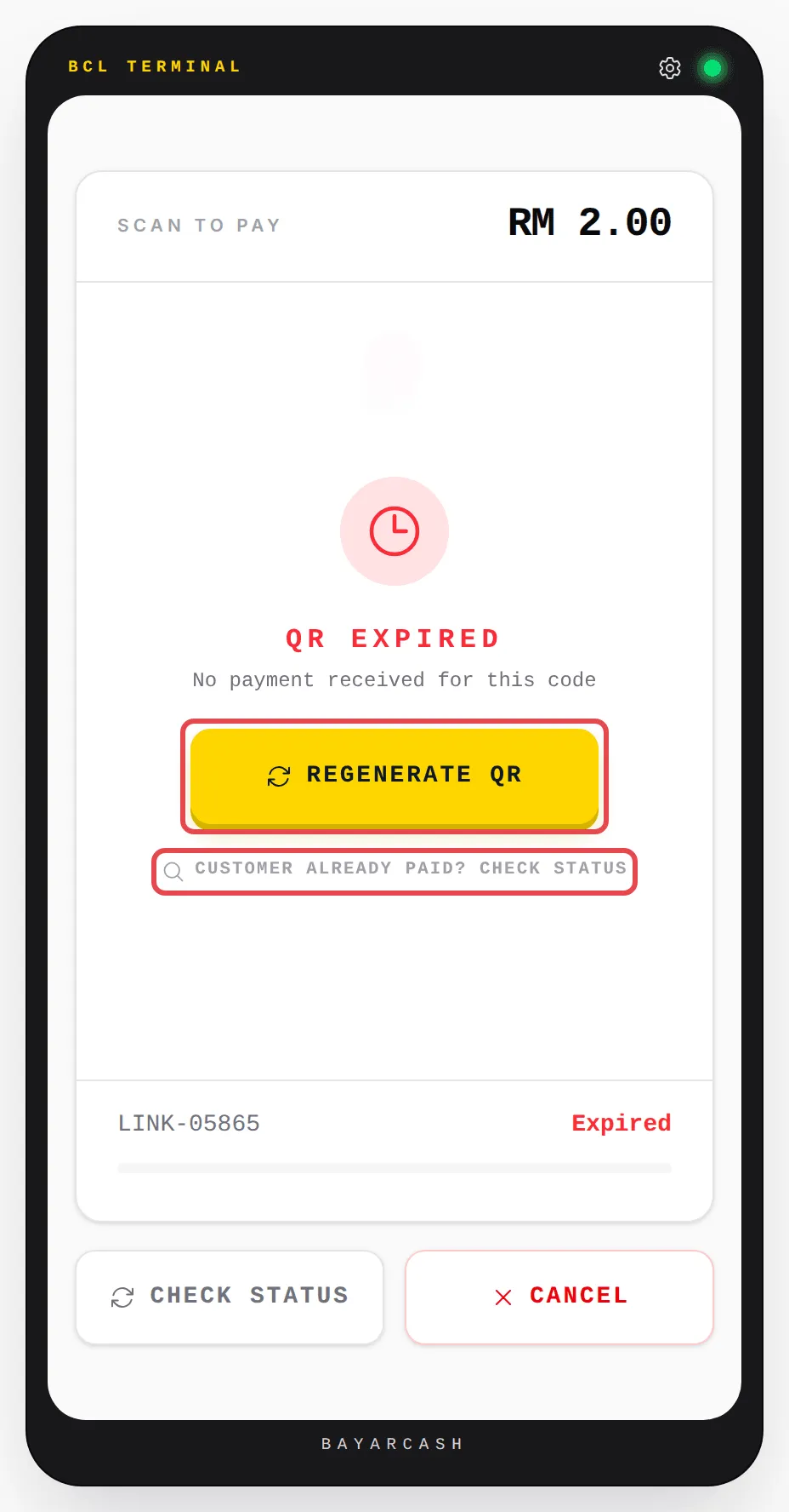 The QR EXPIRED screen with the REGENERATE QR button and the Customer already paid? Check status link highlighted