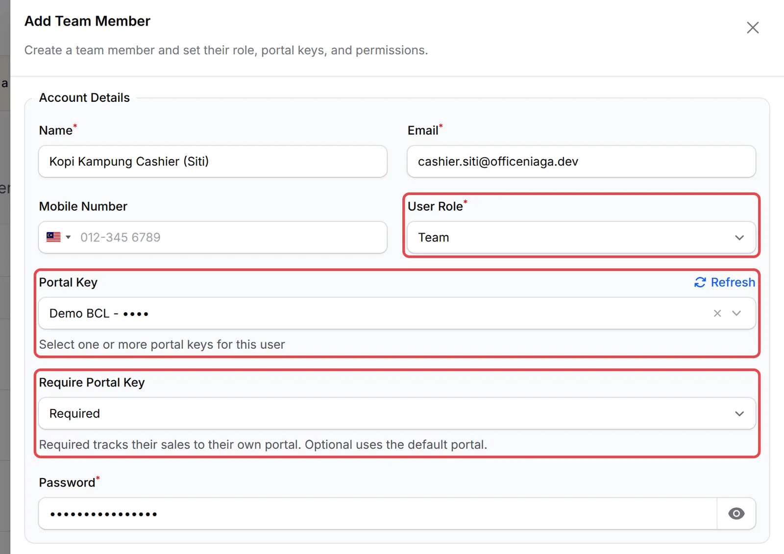 The Add Team Member panel for Kopi Kampung Cashier (Siti), with User Role set to Team, a Portal Key chosen and Require Portal Key set to Required, all highlighted