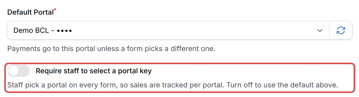 The Default Portal field and the Require staff to select a portal key switch in Payment Settings, with the switch highlighted