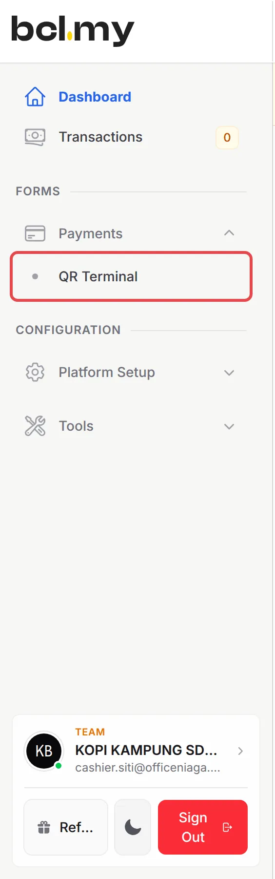 The cashier’s sidebar: Dashboard, Transactions, Payments with QR Terminal highlighted, Platform Setup and Tools