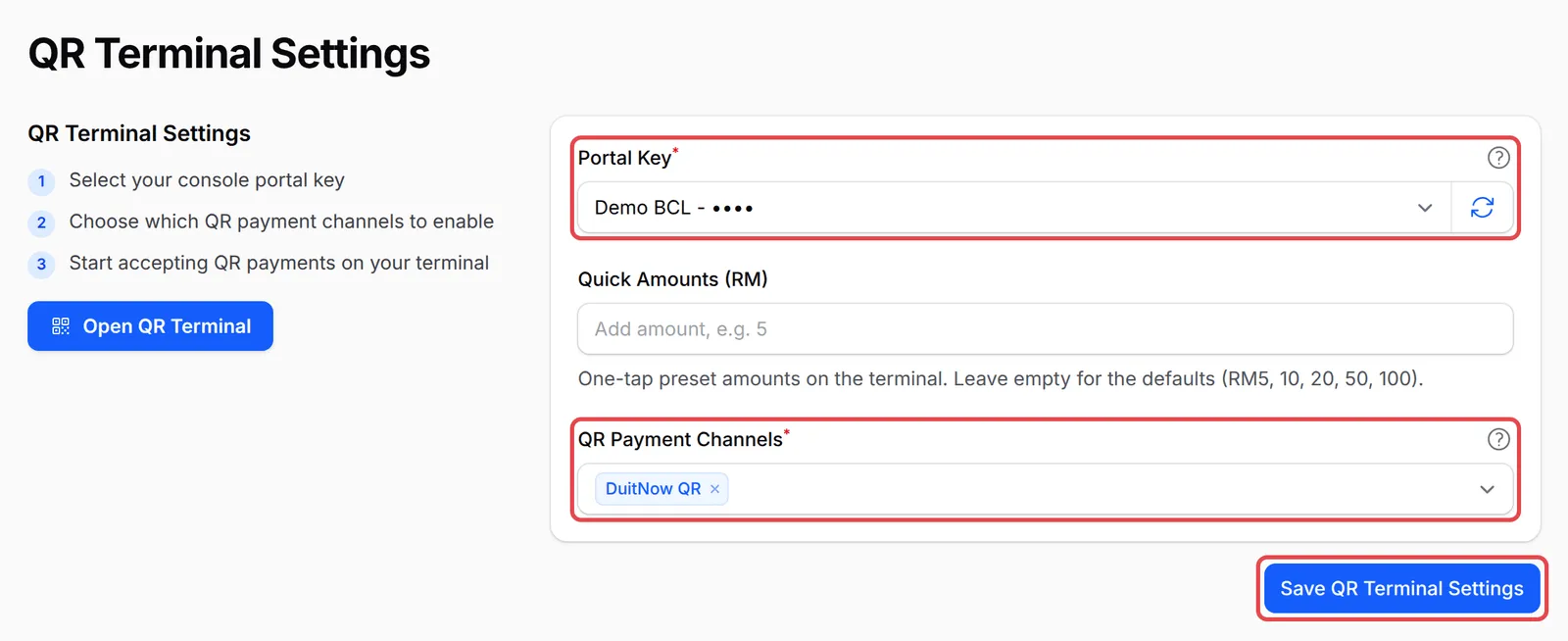 QR Terminal Settings dengan Portal Key, QR Payment Channels ditetapkan kepada DuitNow QR, dan butang Save QR Terminal Settings ditanda