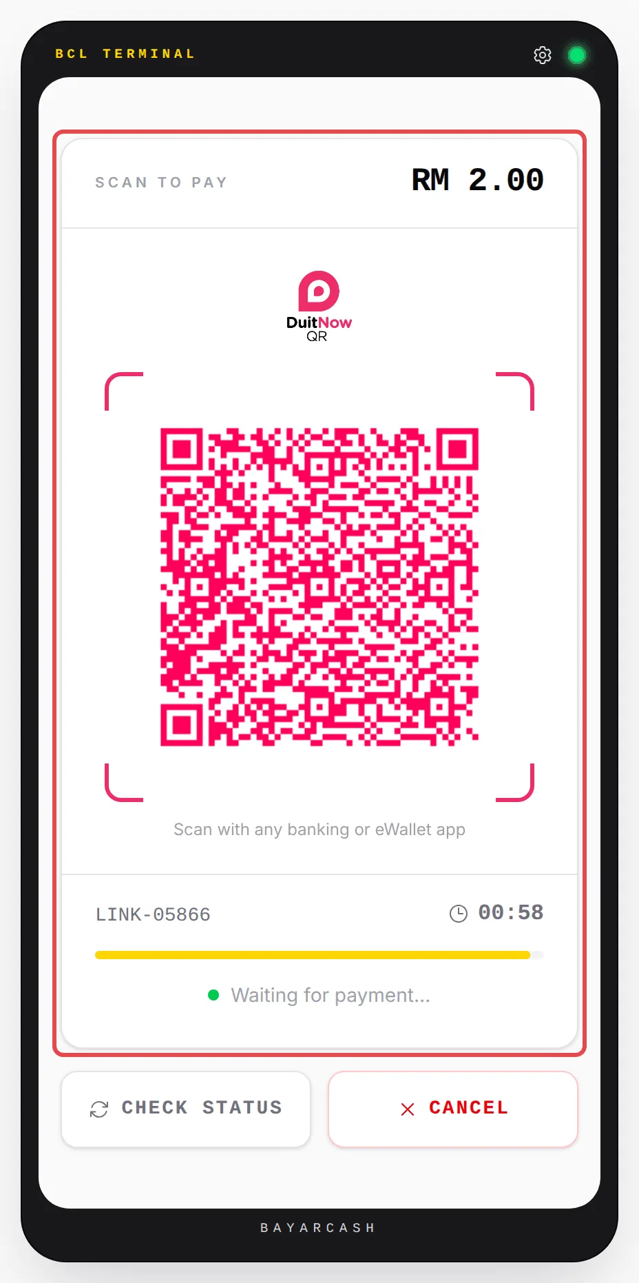 Skrin Scan to Pay dengan kod DuitNow QR, RM 2.00, nombor order dan kiraan detik