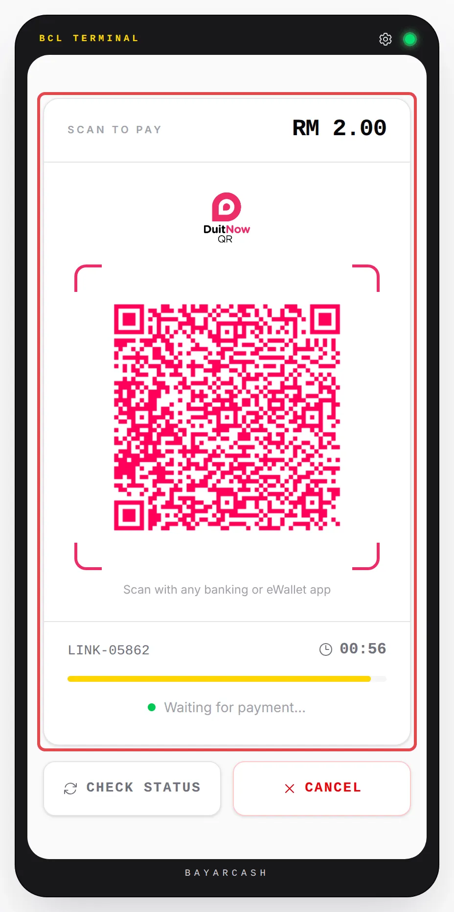 The Scan to Pay screen with the DuitNow QR code, RM 2.00, the order number and the countdown