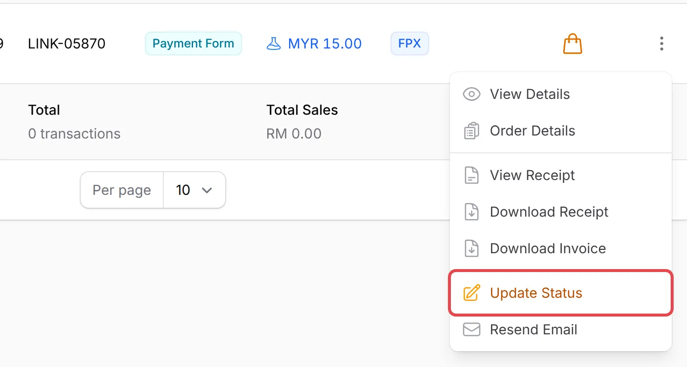 The actions menu of a successful FPX payment, with Update Status highlighted