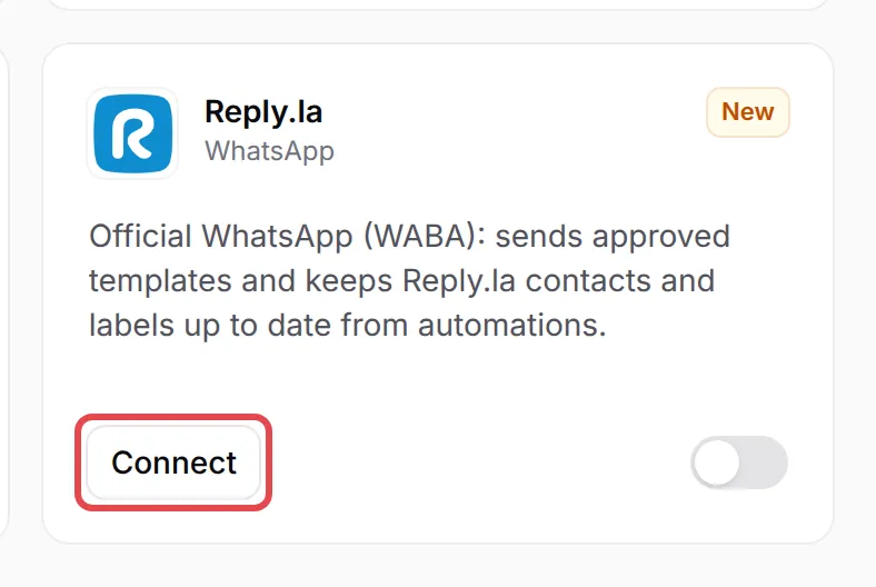 The Reply.la card on the Integrations page with Connect highlighted
