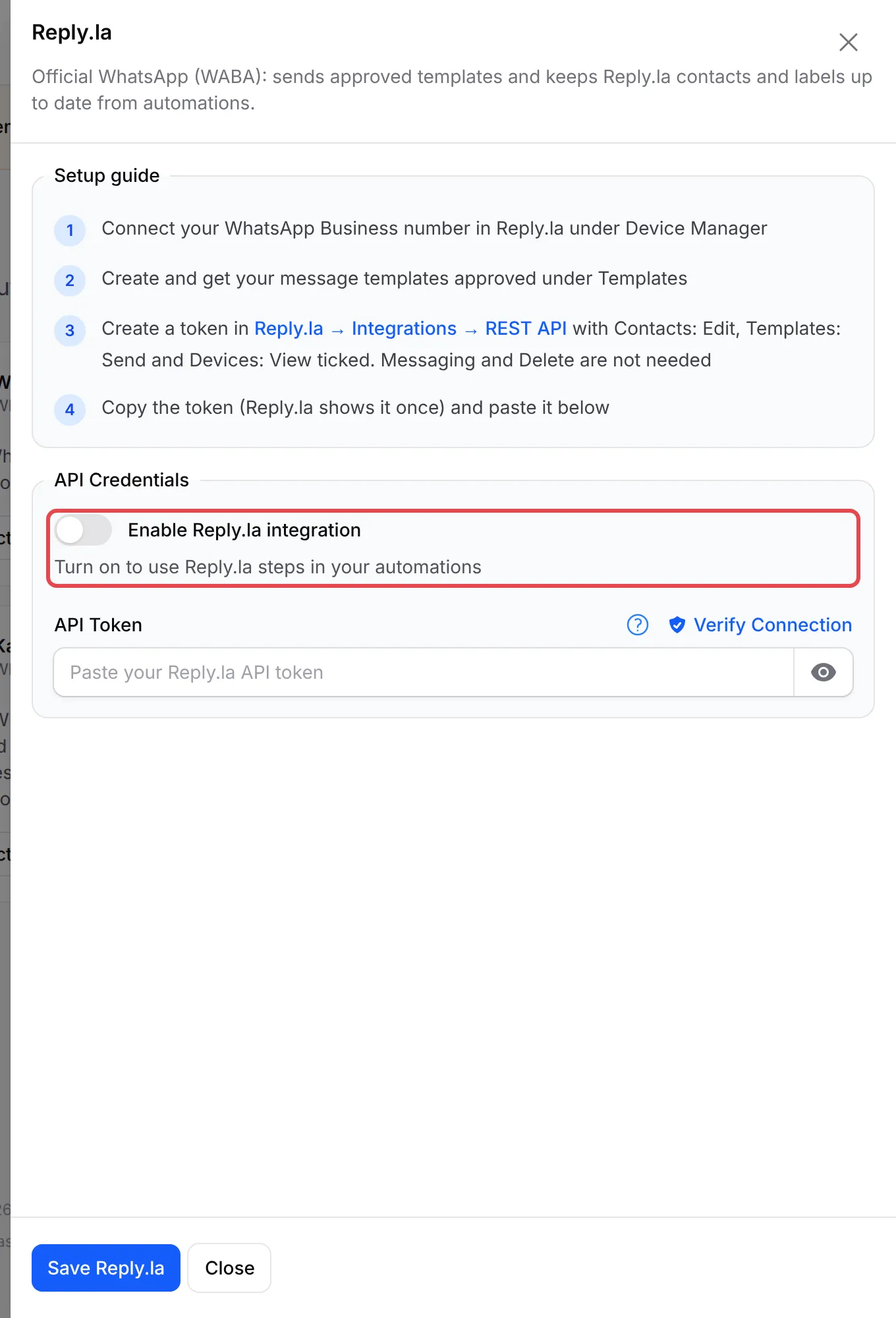 The Reply.la panel with Enable Reply.la integration highlighted